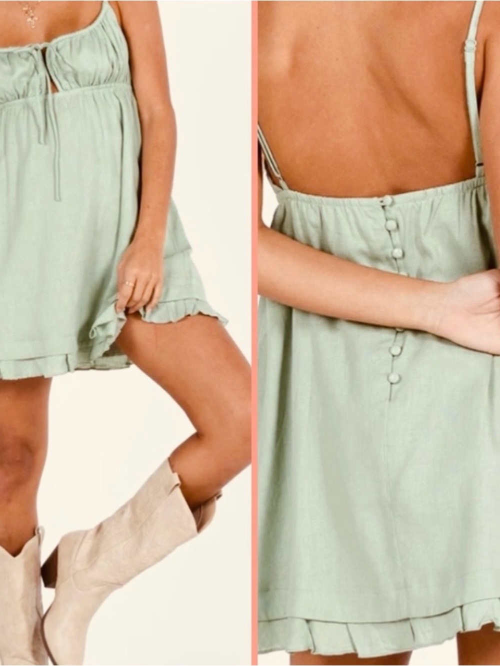Princess Polly Sage Green Linen Blend Babydoll Micro Mini Dress Tie Front - Picture 4 of 11